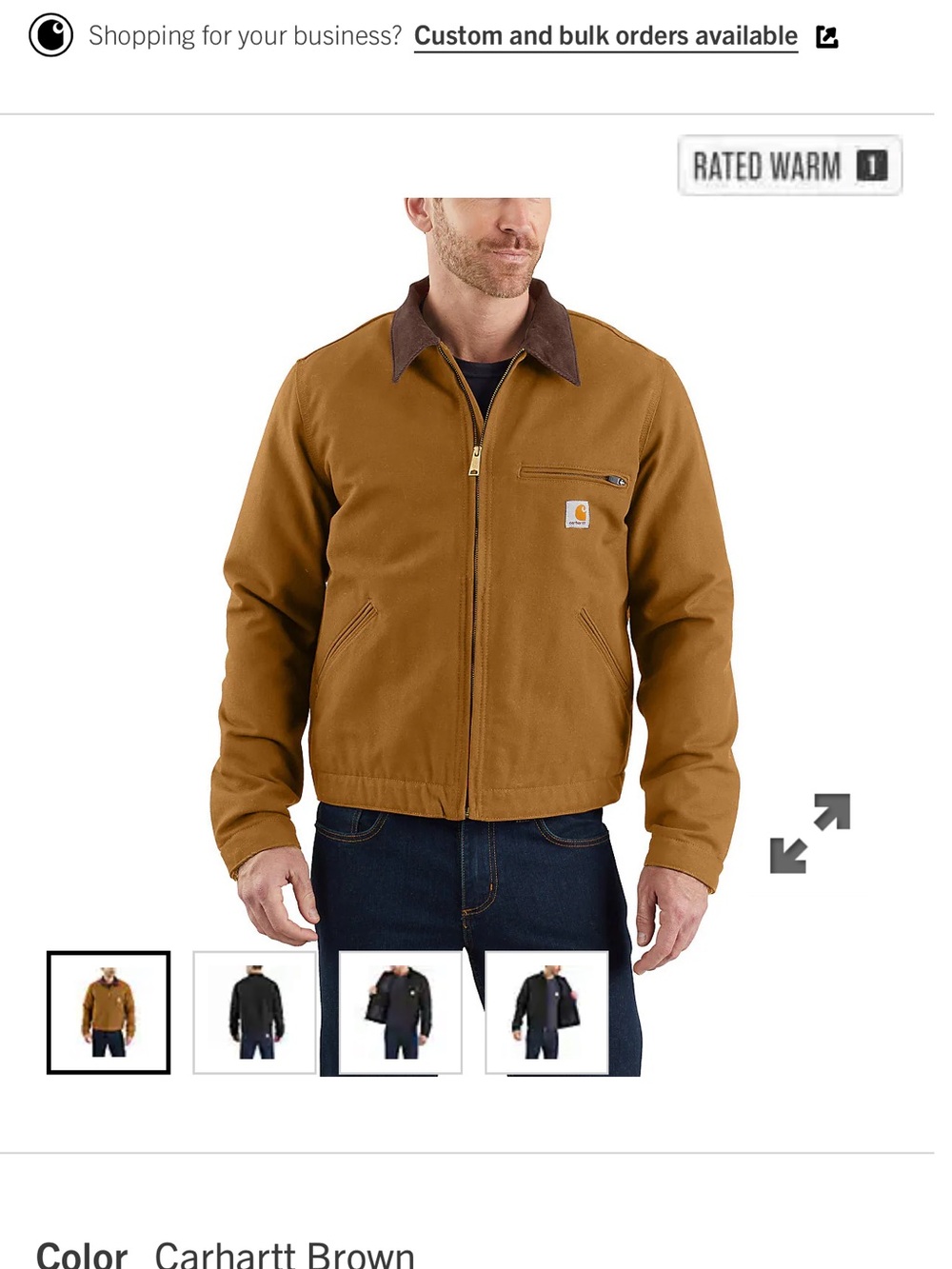 Carhartt Brown Duck Zip-Front Work Jacket with Corduroy Collar